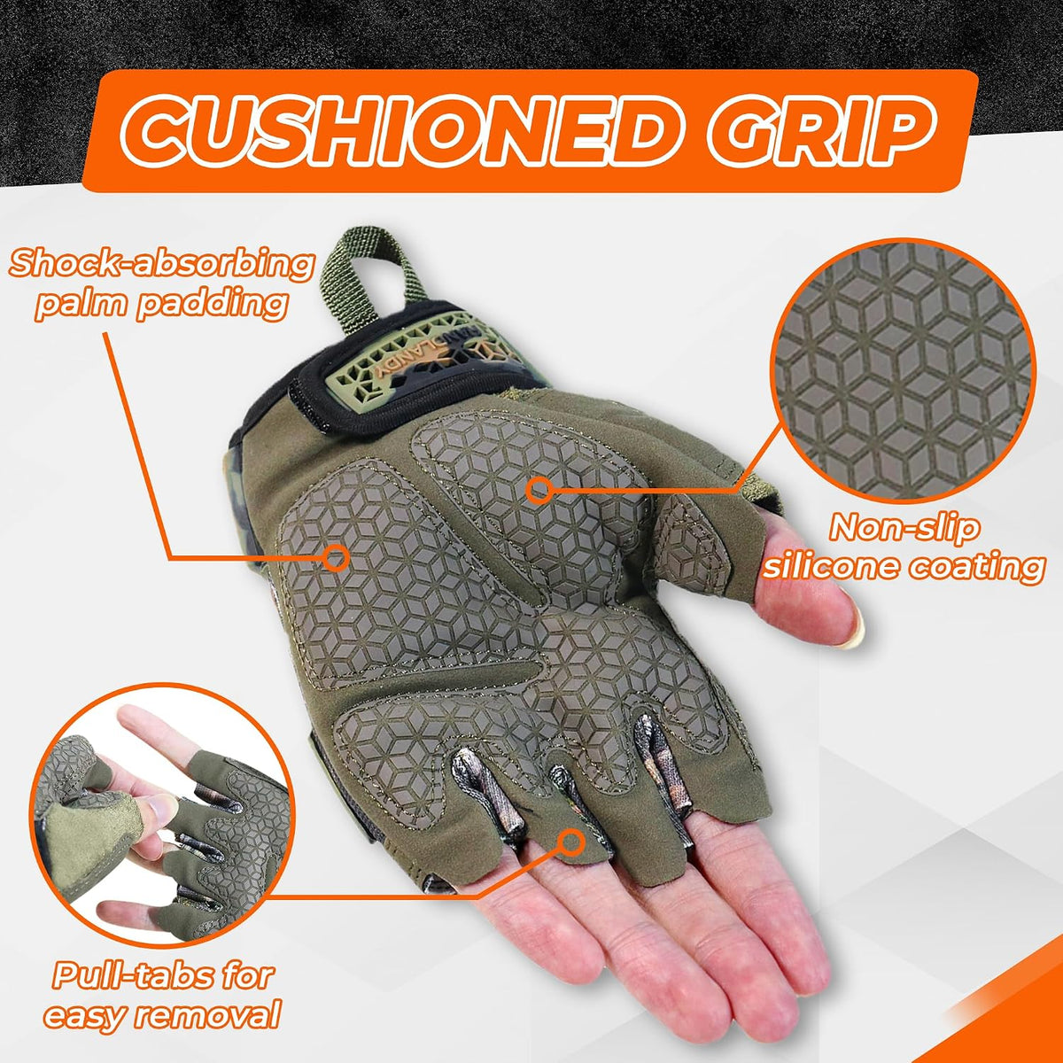 HANDLANDY Fingerless Work Gloves for Mens & Women, Uwrist Half Finger Shock-Absorbing Breathable Glove