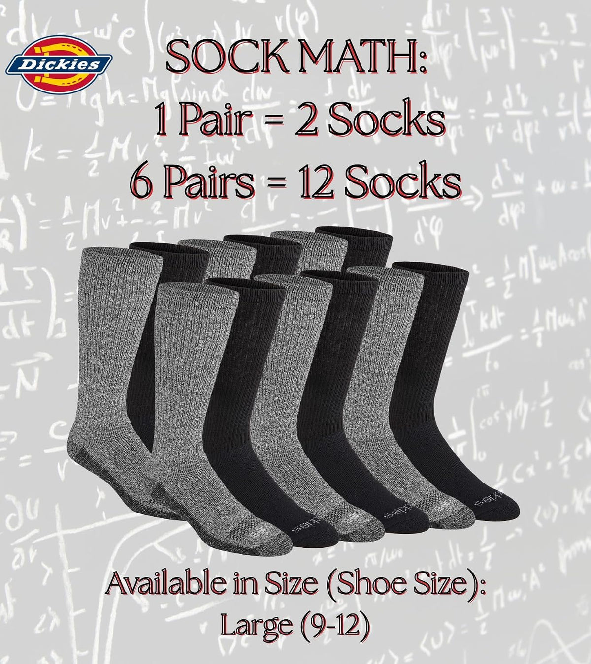 Dickies Men's Dri-Tech Moisture Control Boot-Length Socks, Available in L-XL (6, 12 Pairs)