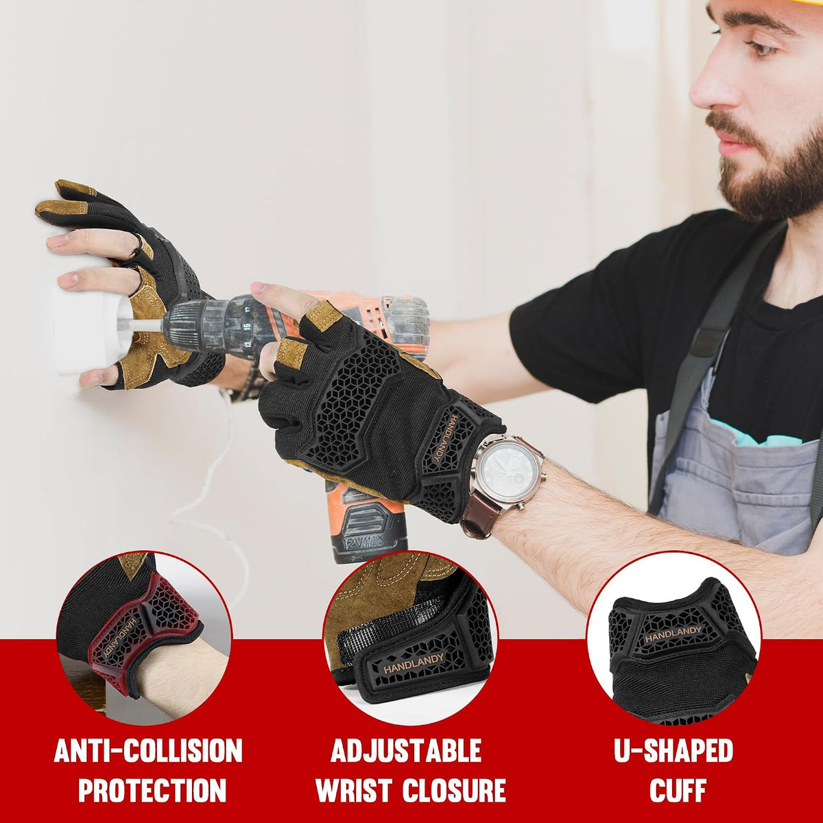 HANDLANDY Fingerless Work Gloves for Mens & Women, Uwrist Half Finger Shock-Absorbing Breathable Glove