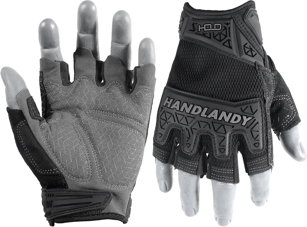 HANDLANDY Fingerless Work Gloves for Mens & Women, Uwrist Half Finger Shock-Absorbing Breathable Glove