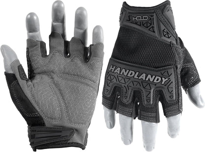 HANDLANDY Fingerless Work Gloves for Mens & Women, Uwrist Half Finger Shock-Absorbing Breathable Glove