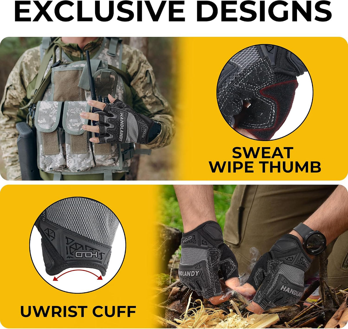 HANDLANDY Fingerless Work Gloves for Mens & Women, Uwrist Half Finger Shock-Absorbing Breathable Glove