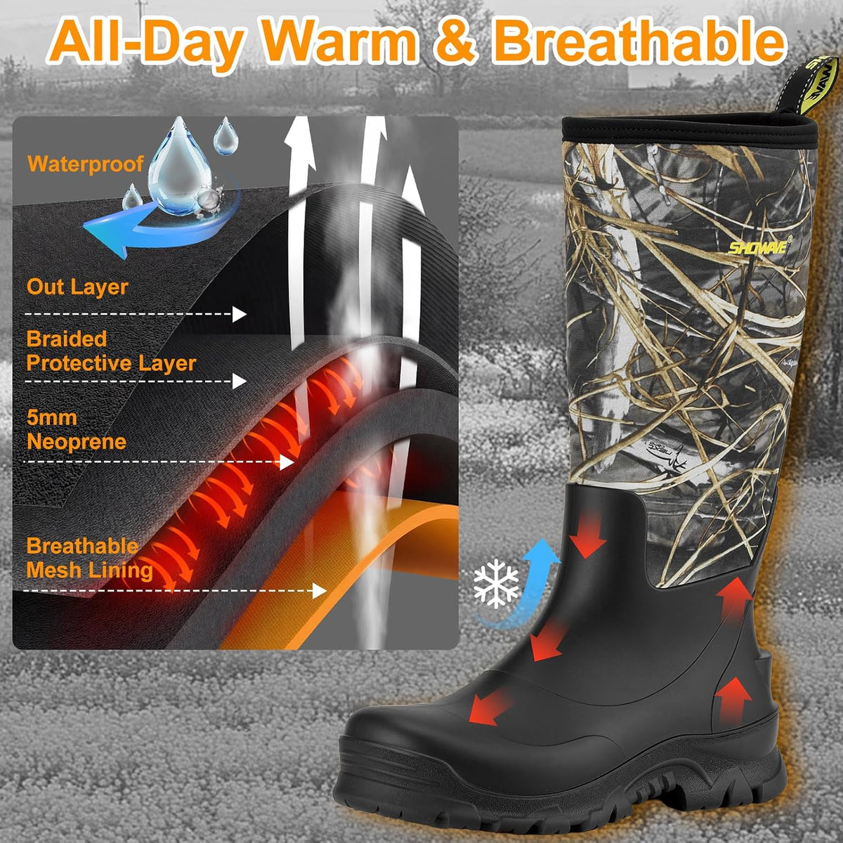 Showave Men's Rubber Boots Knee High Waterproof Insulated Rain Boots