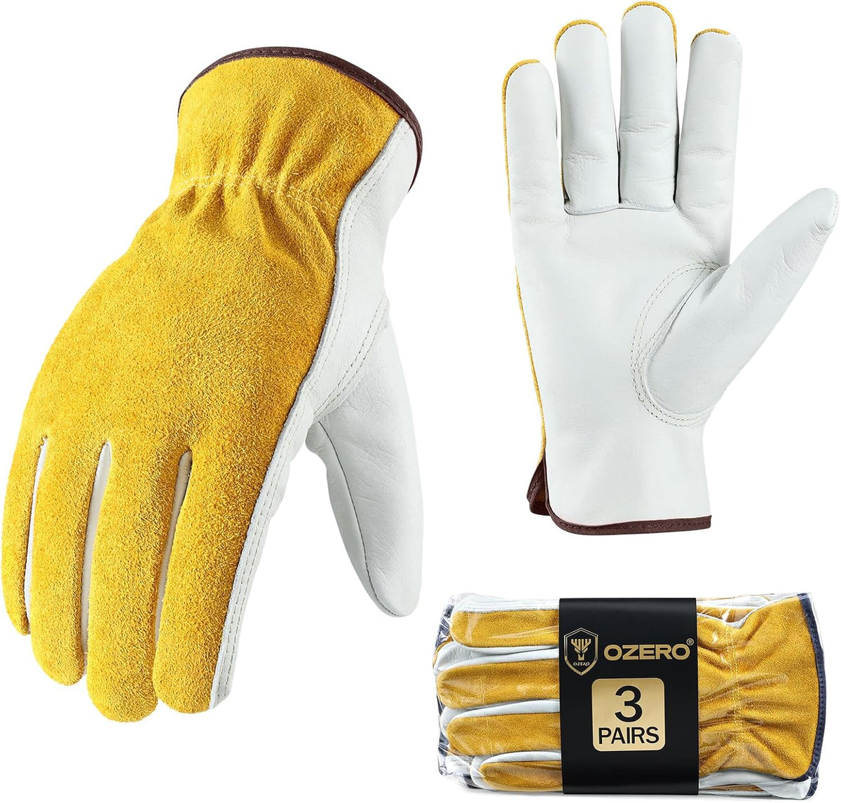 OZERO Leather Work Gloves Flex Grip Tough Cowhide Gardening Glove for Wood Cutting/Construction/Driving/Garden for Men and Women 1 Pair (Gold,Large)