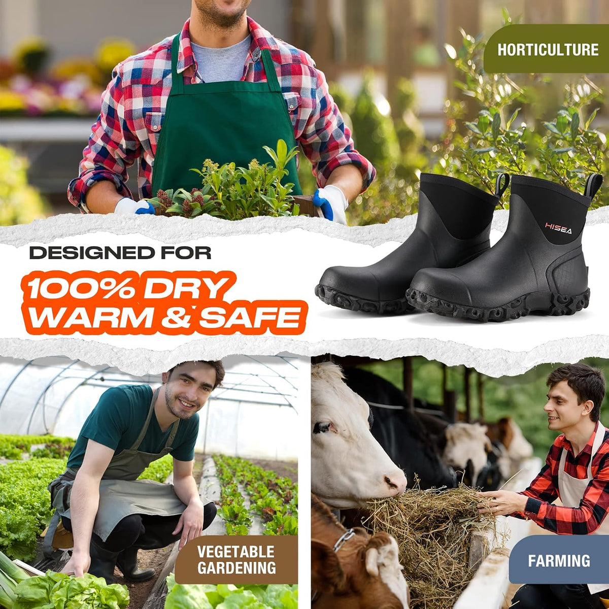 HISEA Men's Rubber Rain Boots Waterproof Ankle Neoprene Garden Shoes