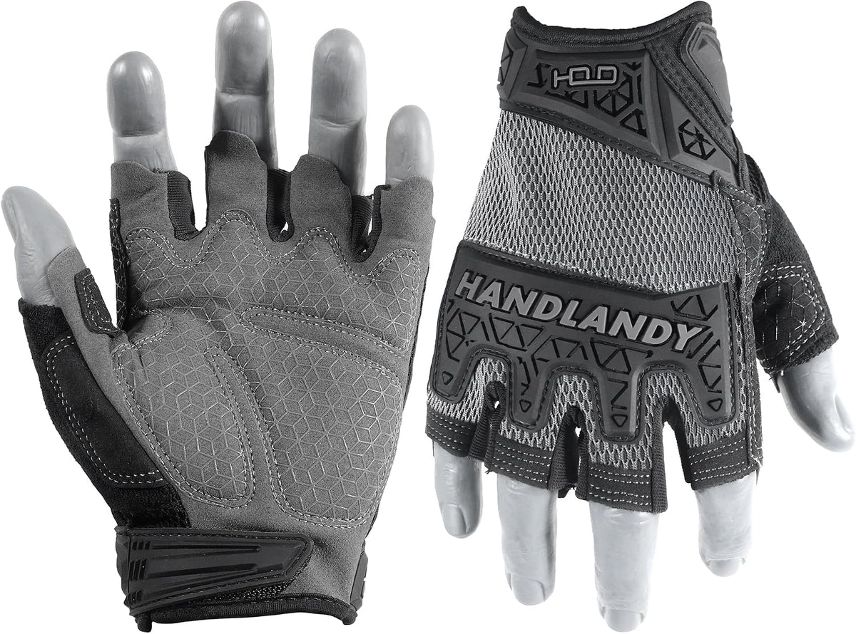 HANDLANDY Fingerless Work Gloves for Mens & Women, Uwrist Half Finger Shock-Absorbing Breathable Glove
