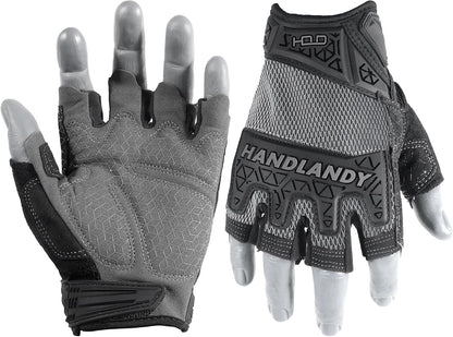 HANDLANDY Fingerless Work Gloves for Mens & Women, Uwrist Half Finger Shock-Absorbing Breathable Glove