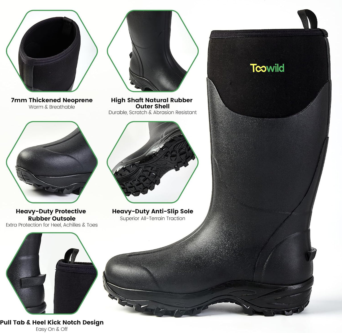 Toowild Men's Rubber Hunting Mud Boots, Multi-Season Waterproof Rain Boots