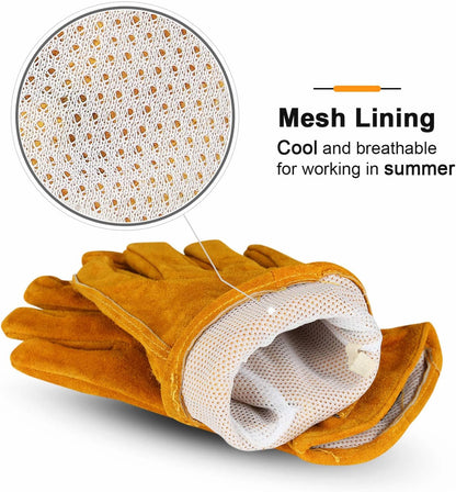 OZERO Leather Work Gloves Flex Grip Tough Cowhide Gardening Glove for Wood Cutting/Construction/Driving/Garden for Men and Women 1 Pair (Gold,Large)