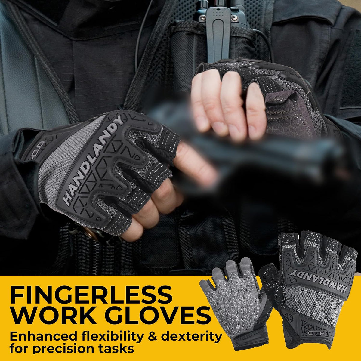 HANDLANDY Fingerless Work Gloves for Mens & Women, Uwrist Half Finger Shock-Absorbing Breathable Glove