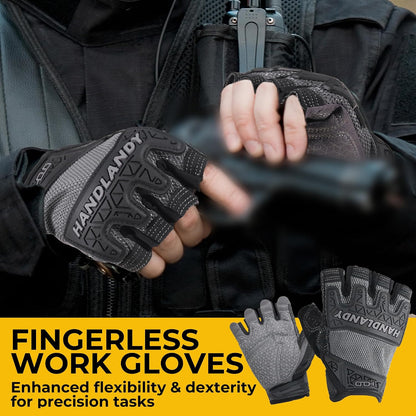 HANDLANDY Fingerless Work Gloves for Mens & Women, Uwrist Half Finger Shock-Absorbing Breathable Glove