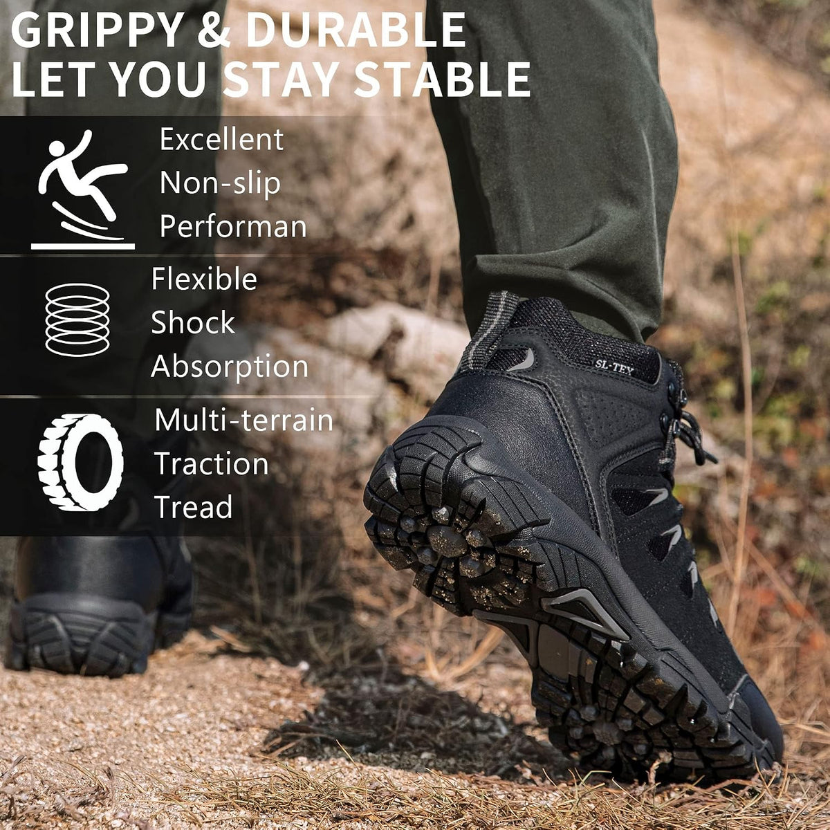 SHULOOK Men's Waterproof Hiking Boots Non-Slip Lightweight Mid Top Ankle Boot Breathable Hiker Trekking Shoes