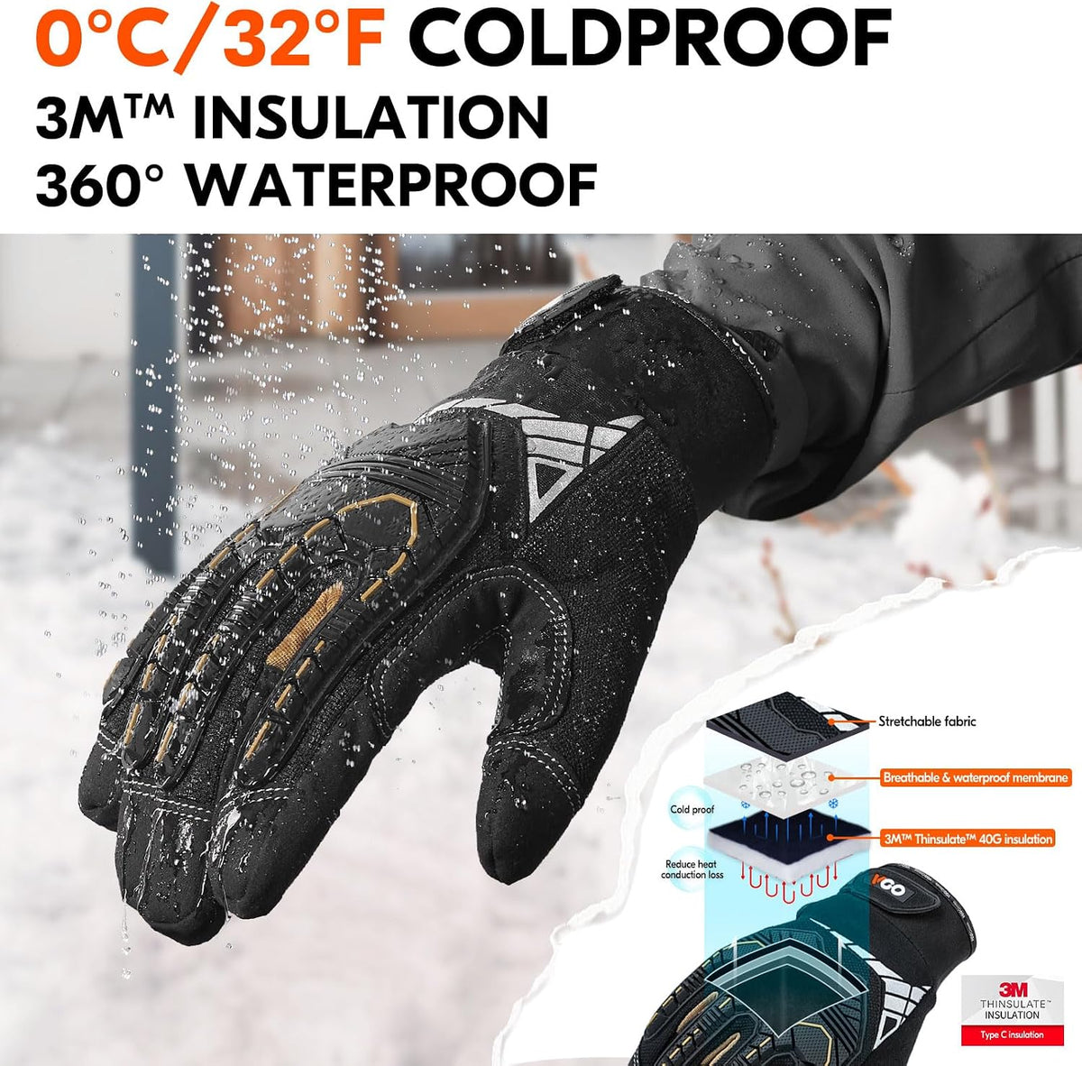 Vgo... 32°F Waterproof Winter Work Gloves Men Mechanic Touch(SL8849FW)
