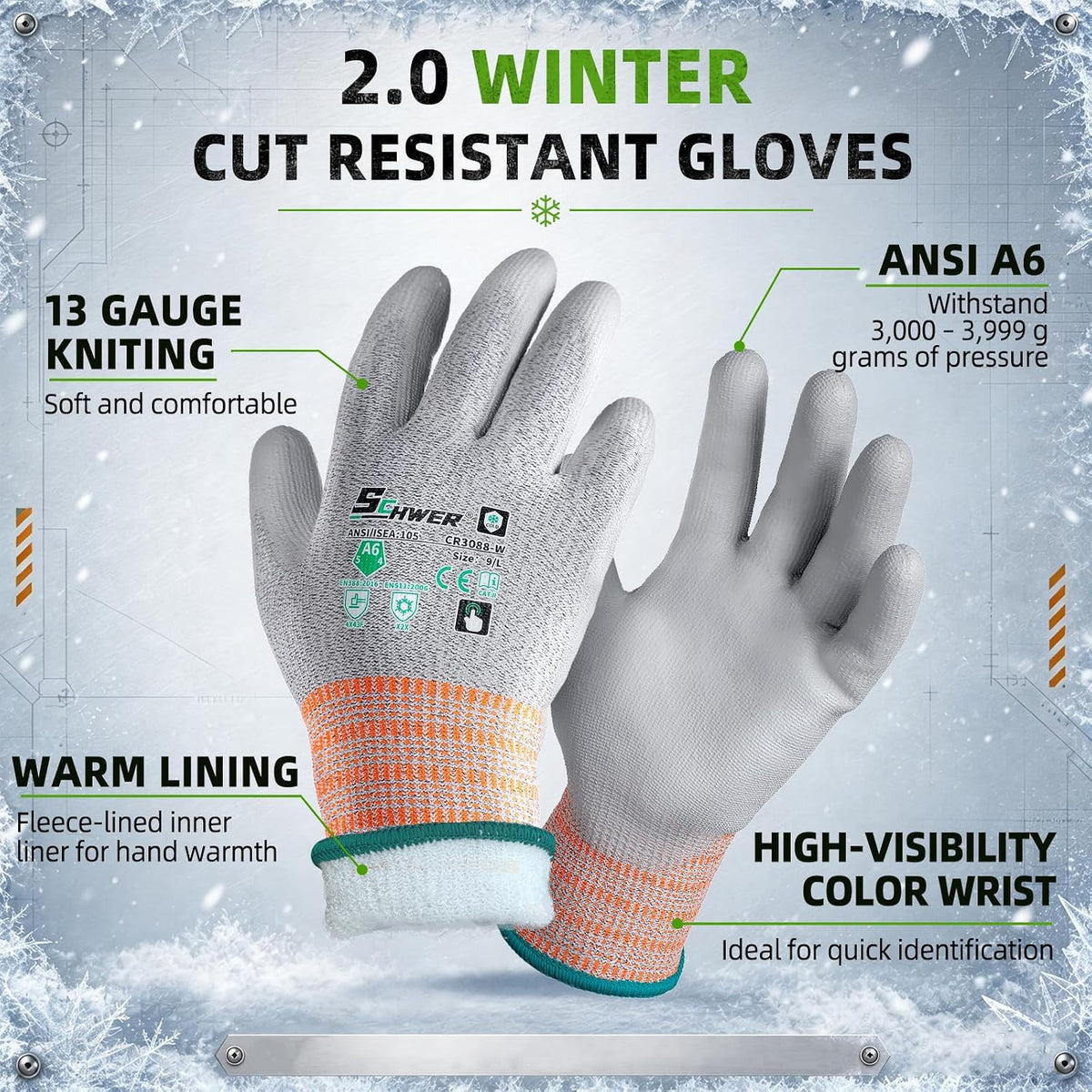 Schwer 12 Pairs A6 Cut Resistant Work Gloves, Reinforced Thumb, CR3028, S