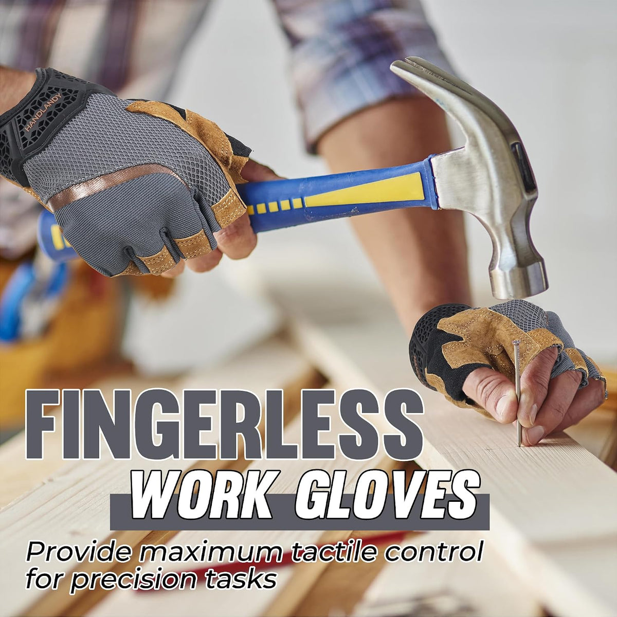 HANDLANDY Fingerless Work Gloves for Mens & Women, Uwrist Half Finger Shock-Absorbing Breathable Glove