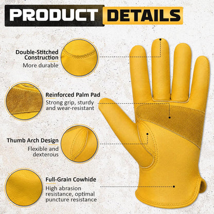 Cowhide Work Gloves Men & Women, Reinforced Palm, Puncture Resistanta