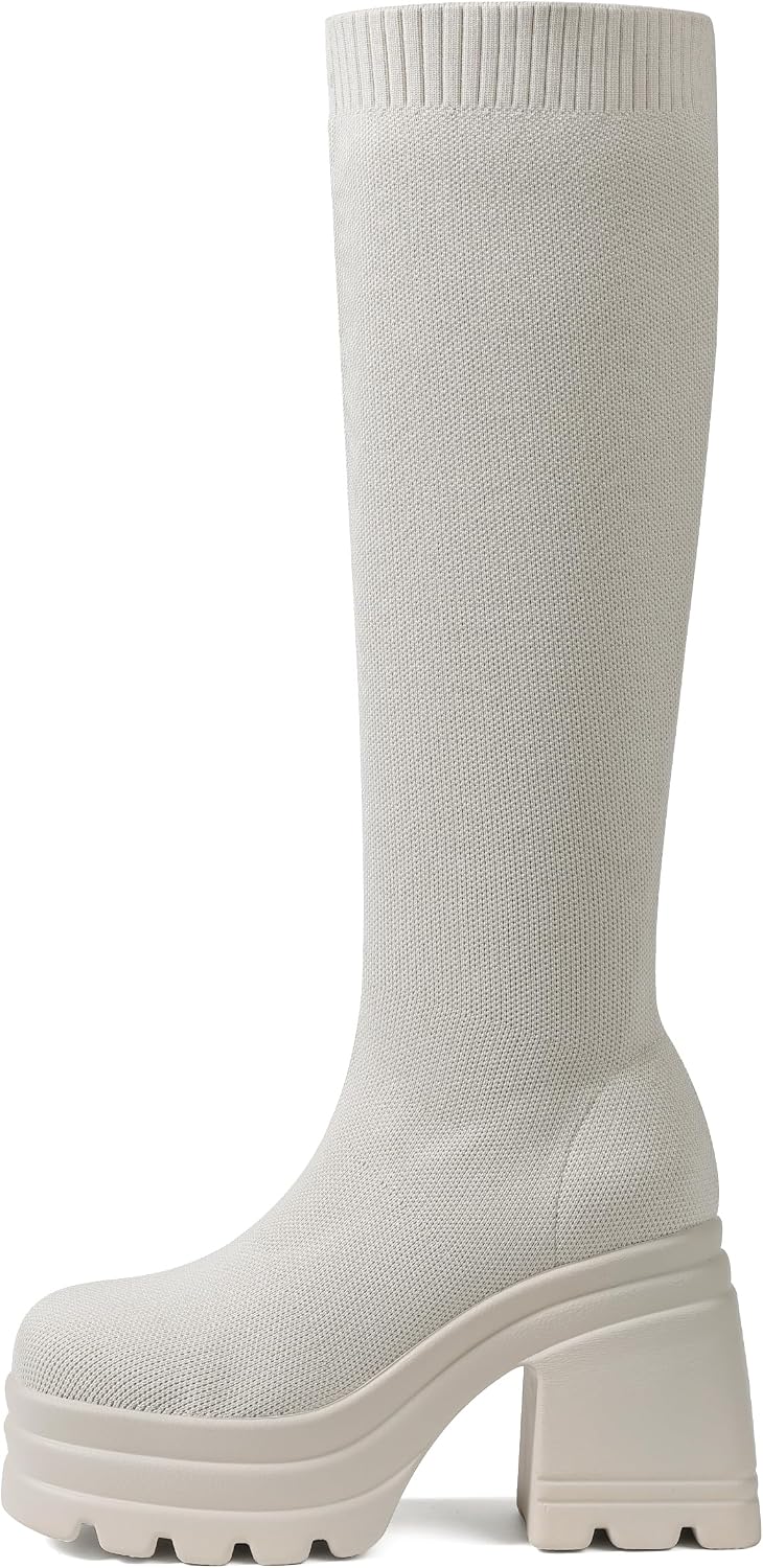 CELNEPHO Women Knee High Boots Knit Sock Chunky Heel Platform Tall Boots