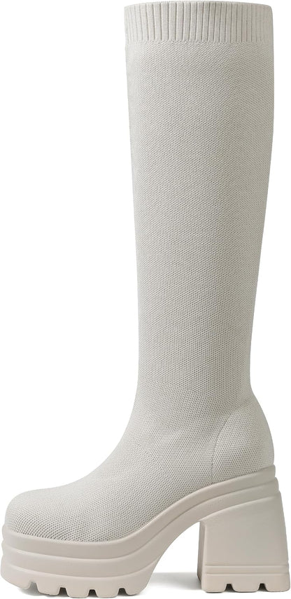 CELNEPHO Women Knee High Boots Knit Sock Chunky Heel Platform Tall Boots