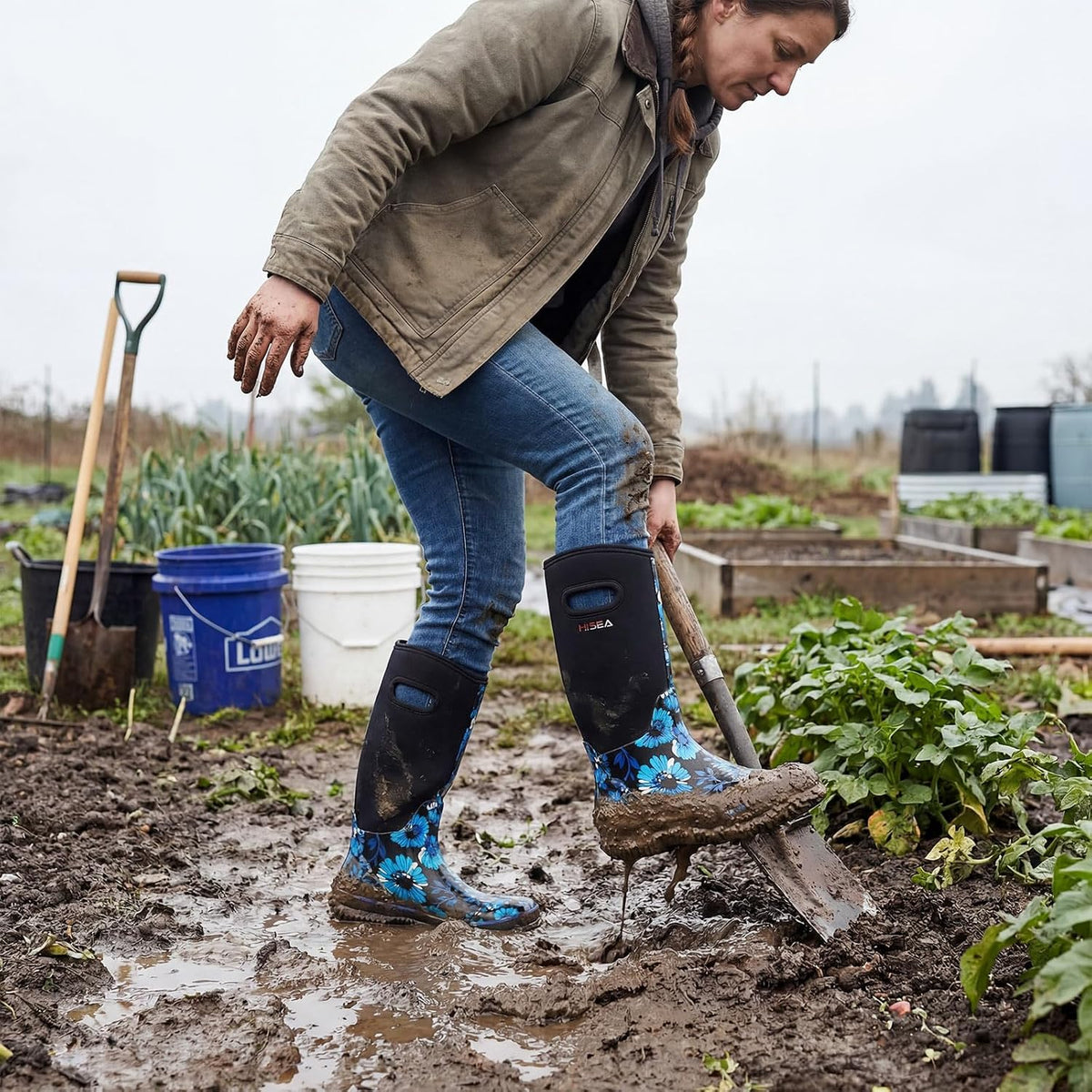 HISEA Women's Mud Rain Boots, Waterproof Insulated Rubber Garden Shoes