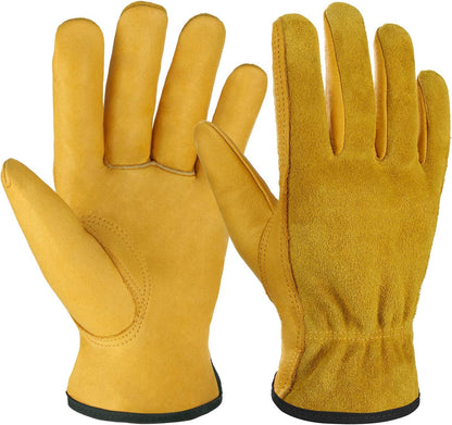 OZERO Leather Work Gloves Flex Grip Tough Cowhide Gardening Glove for Wood Cutting/Construction/Driving/Garden for Men and Women 1 Pair (Gold,Large)