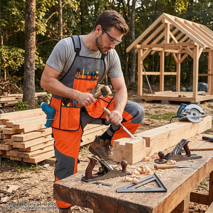 2-in-1 Chainsaw Protective Chaps and Apron Combo, Heavy Duty 900D Oxford Woodworking Tool Apron with 10 Pockets, Adjustable Safety Logger Chaps for Carpenter, Arborist, Gardening