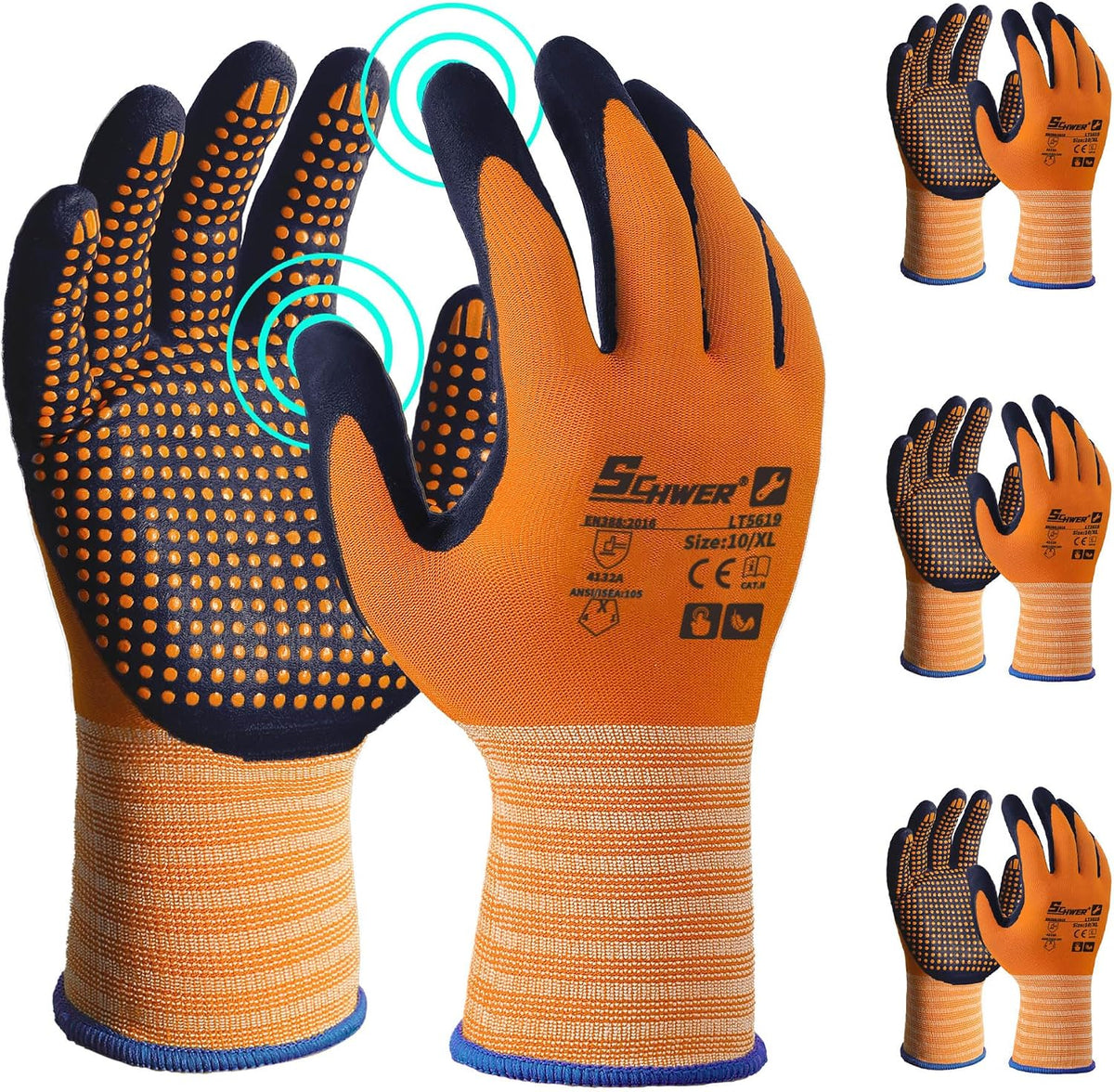 Schwer 3/6/12 Pairs Safety Work Gloves, MicroDot Abrasion & Grip, LT5619, L