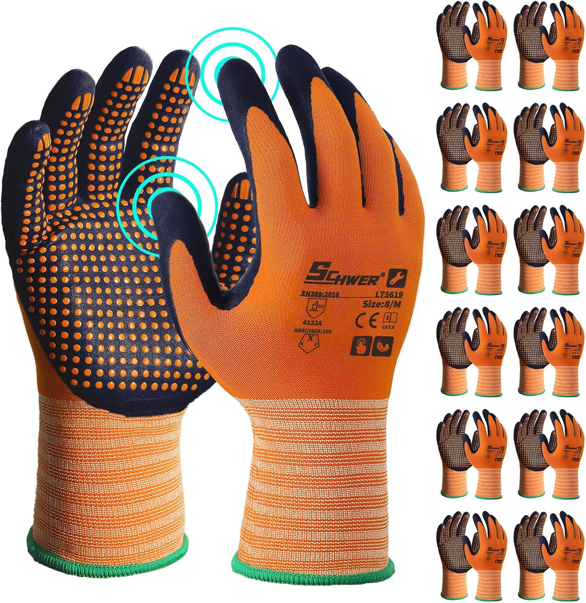 Schwer 3/6/12 Pairs Safety Work Gloves, MicroDot Abrasion & Grip, LT5619, L