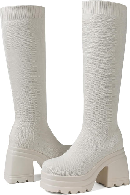 CELNEPHO Women Knee High Boots Knit Sock Chunky Heel Platform Tall Boots