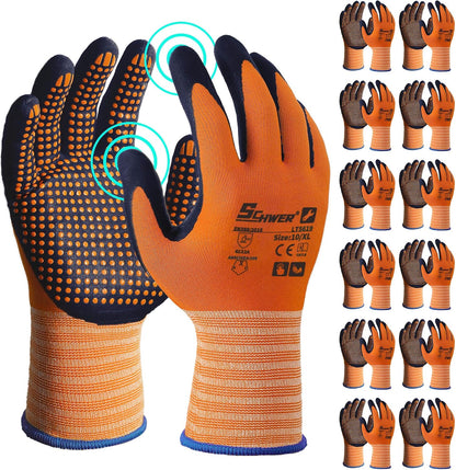 Schwer 3/6/12 Pairs Safety Work Gloves, MicroDot Abrasion & Grip, LT5619, L