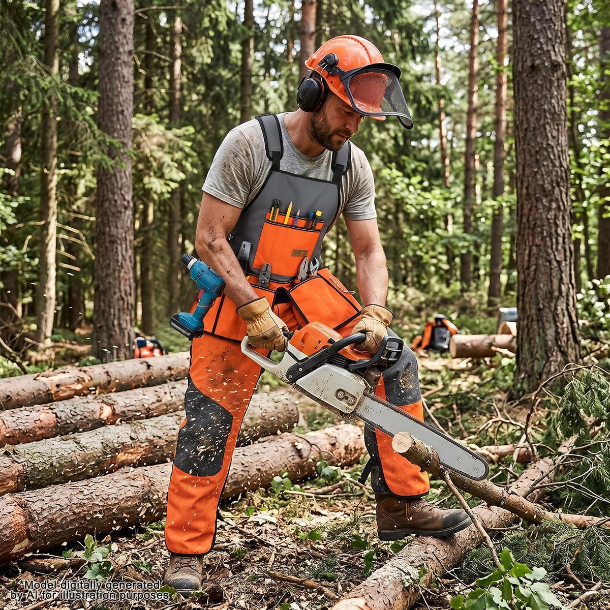 2-in-1 Chainsaw Protective Chaps and Apron Combo, Heavy Duty 900D Oxford Woodworking Tool Apron with 10 Pockets, Adjustable Safety Logger Chaps for Carpenter, Arborist, Gardening