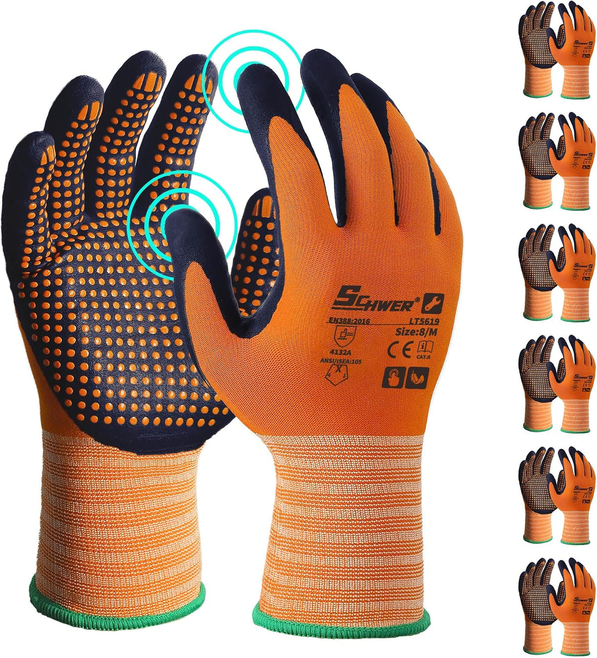 Schwer 3/6/12 Pairs Safety Work Gloves, MicroDot Abrasion & Grip, LT5619, L