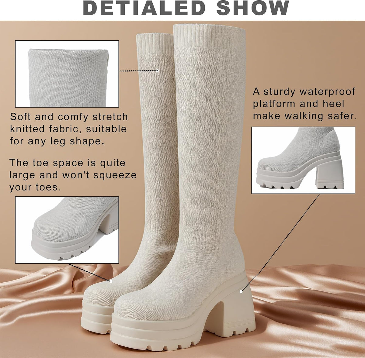 CELNEPHO Women Knee High Boots Knit Sock Chunky Heel Platform Tall Boots