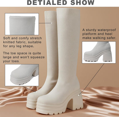 CELNEPHO Women Knee High Boots Knit Sock Chunky Heel Platform Tall Boots