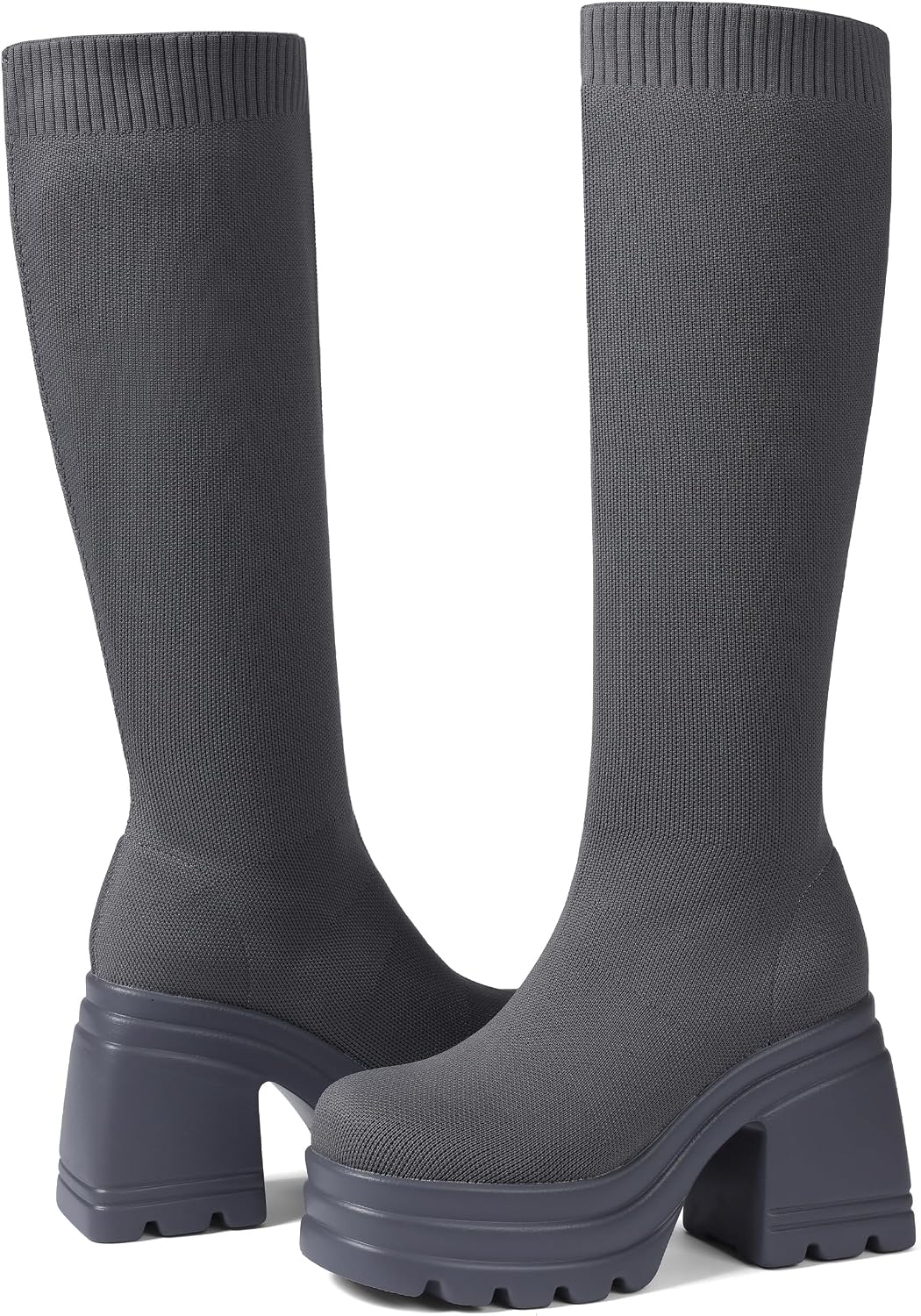 CELNEPHO Women Knee High Boots Knit Sock Chunky Heel Platform Tall Boots