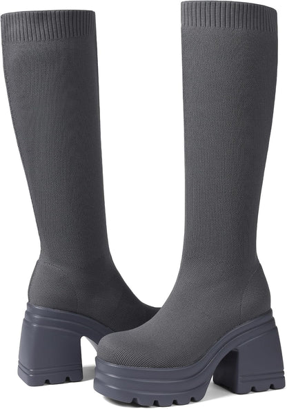 CELNEPHO Women Knee High Boots Knit Sock Chunky Heel Platform Tall Boots