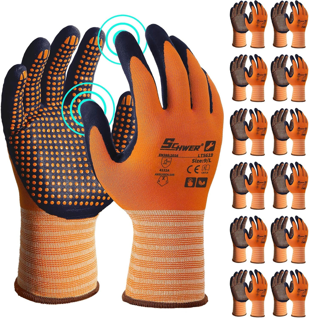 Schwer 3/6/12 Pairs Safety Work Gloves, MicroDot Abrasion & Grip, LT5619, L