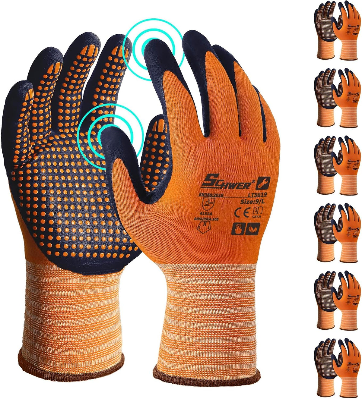 Schwer 3/6/12 Pairs Safety Work Gloves, MicroDot Abrasion & Grip, LT5619, L