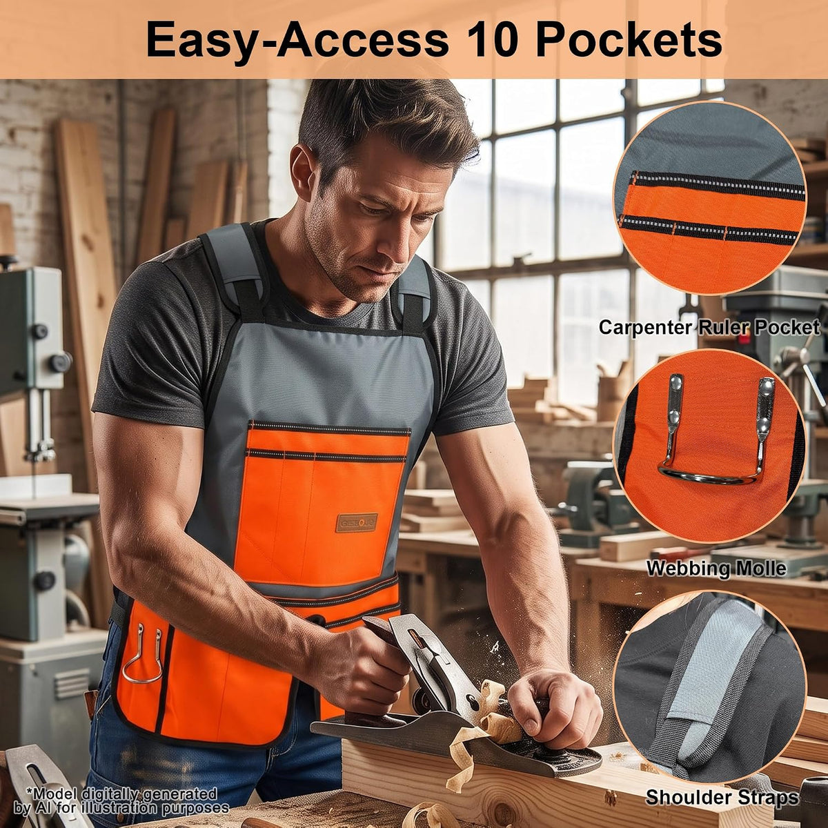 2-in-1 Chainsaw Protective Chaps and Apron Combo, Heavy Duty 900D Oxford Woodworking Tool Apron with 10 Pockets, Adjustable Safety Logger Chaps for Carpenter, Arborist, Gardening