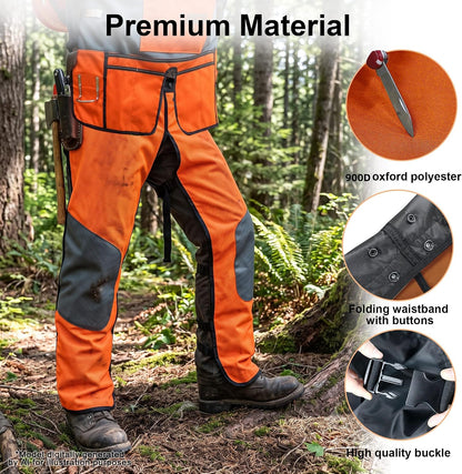 2-in-1 Chainsaw Protective Chaps and Apron Combo, Heavy Duty 900D Oxford Woodworking Tool Apron with 10 Pockets, Adjustable Safety Logger Chaps for Carpenter, Arborist, Gardening