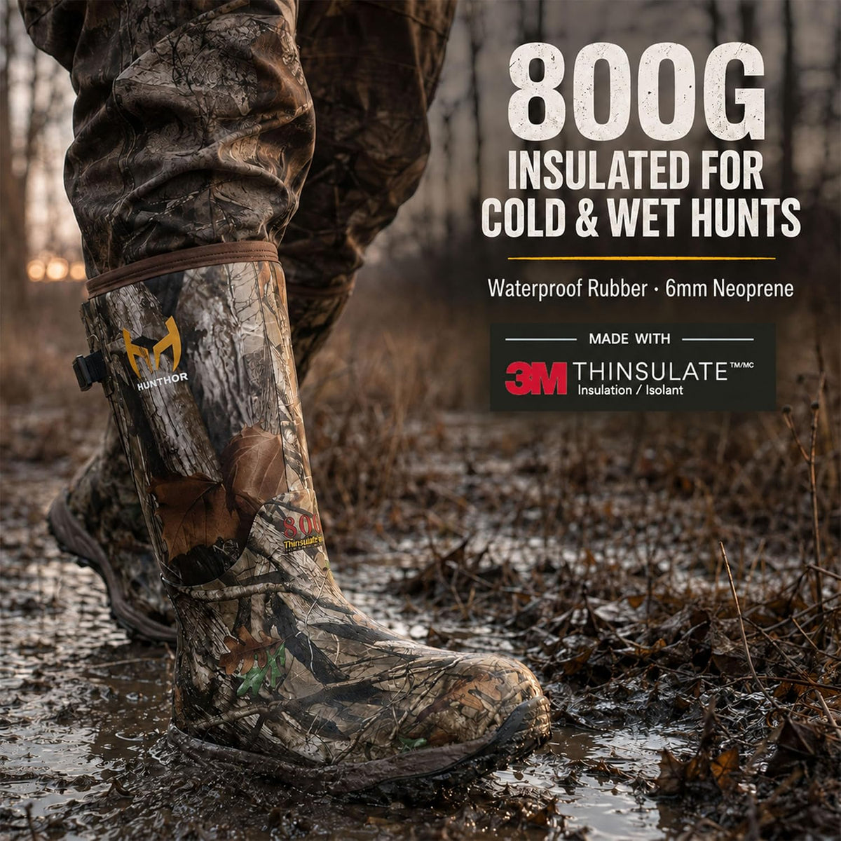 Hunthor 800g Insulated Hunting Boots for Men, Waterproof Rubber Boots