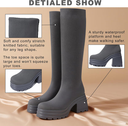 CELNEPHO Women Knee High Boots Knit Sock Chunky Heel Platform Tall Boots
